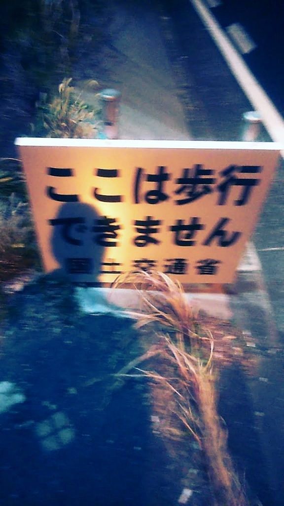 深夜の道路脇の看板。「ここは歩行できません 国土交通省」と書かれている。