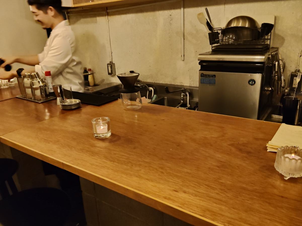 照明を落とした夜の深夜喫茶 幻想。木のカウンターに水のグラスとろうそく、奥で白い上着の人が作業している。