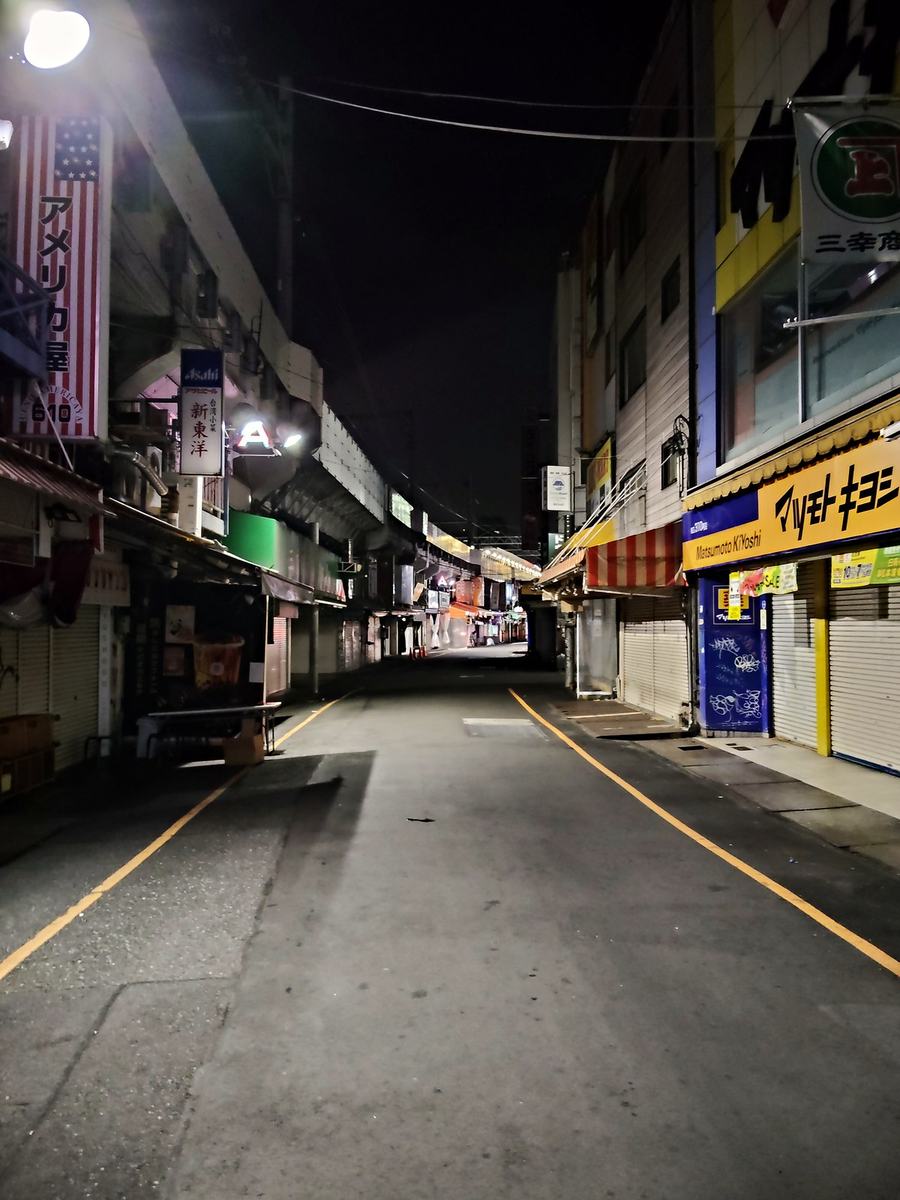 誰もいない深夜のアメ横の通り。シャッターが全部下りている。