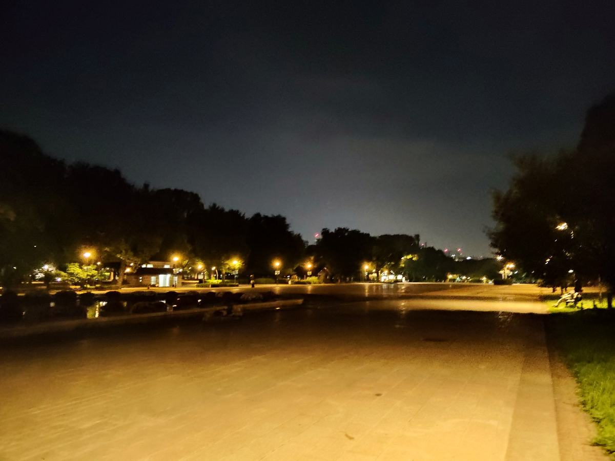 深夜の上野恩賜公園の広場。街灯の明かりの下、だだっ広く誰もいない。